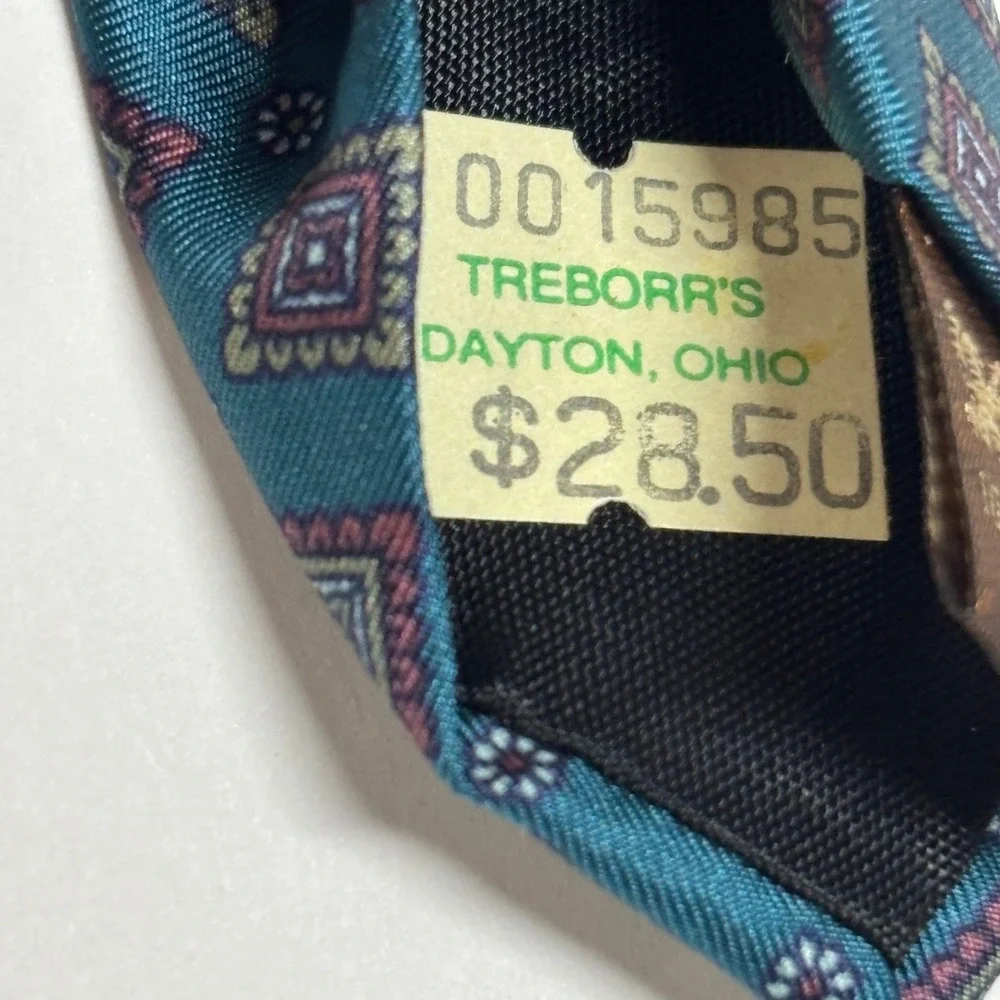 Vtg Treborr's Silk Necktie Mens OS Teal Geometric‎ Medallion Italian Silk Formal